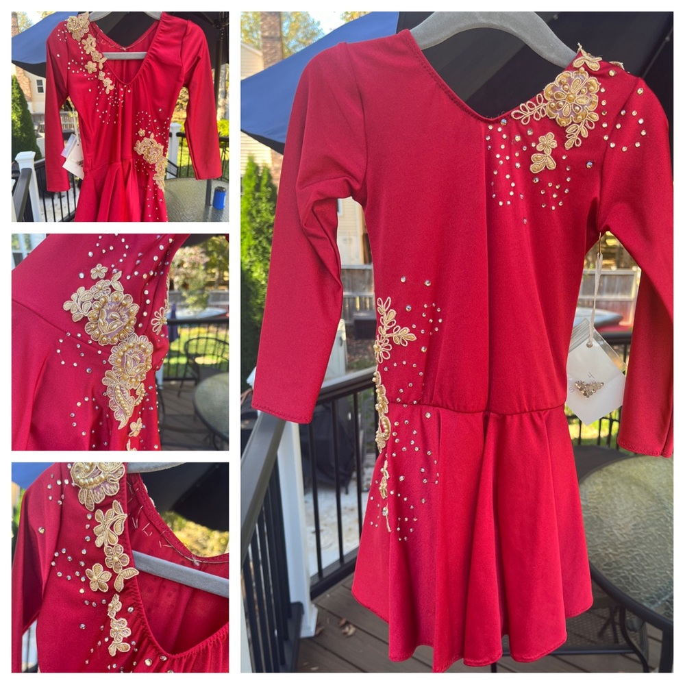 Red and Gold Long Sleeve Figure Skating Dress